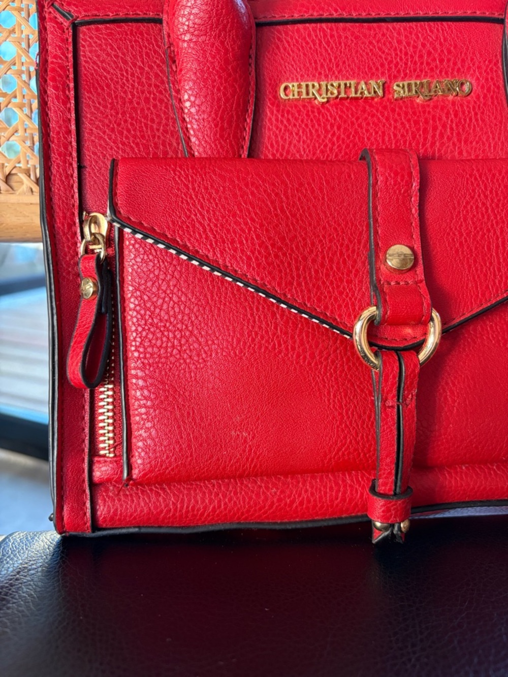 Christian Siriano Red Textured Leather Satchel with Front Pocket - Picture 5 of 9